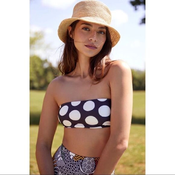 NEW FARM Rio Anthropologie Off-The-Shoulder Bandeau Black Polka Dot Bikini Large - Picture 2 of 3